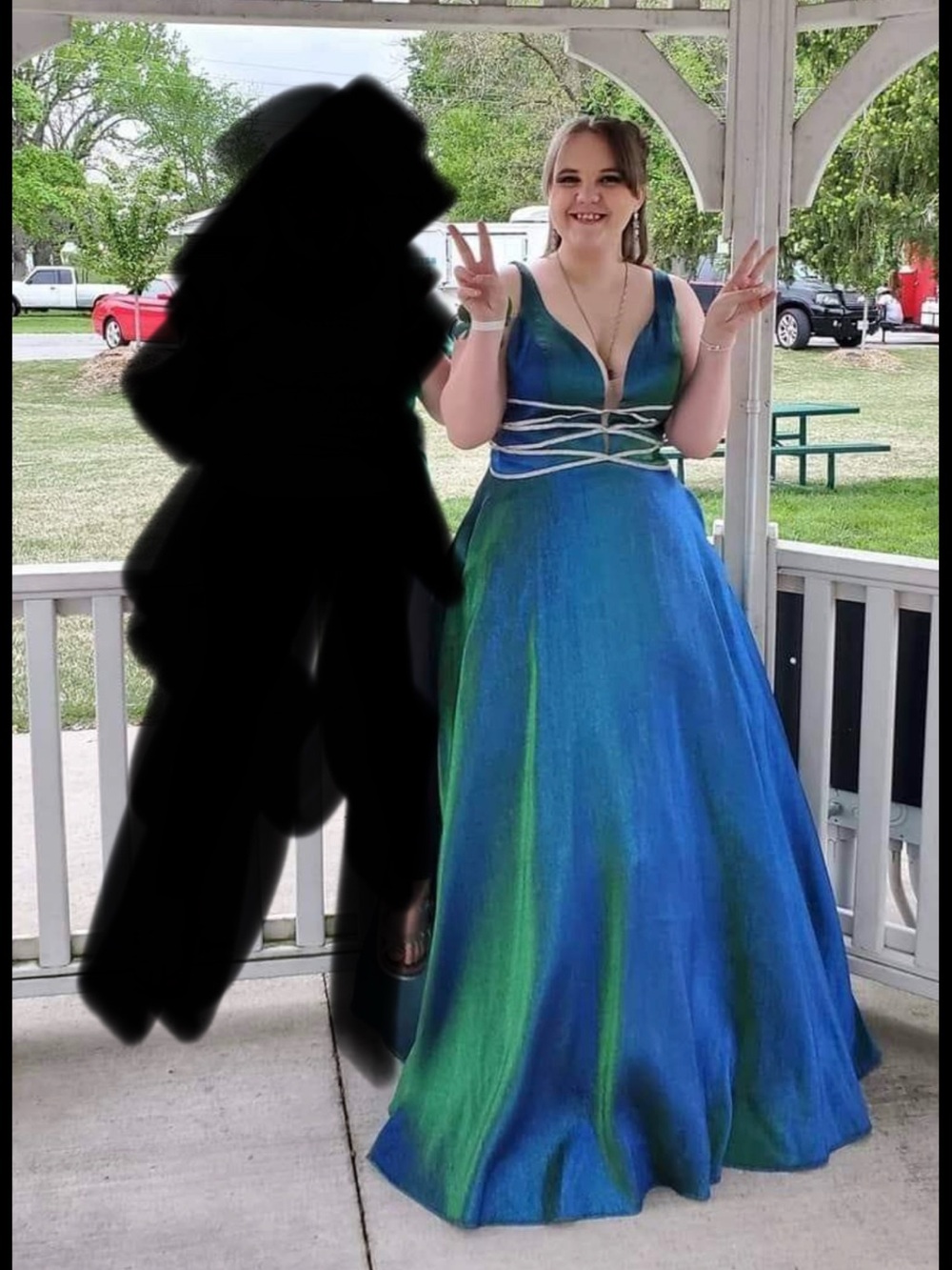 Blue-Green V-Neck Prom Gown with Corset Waist